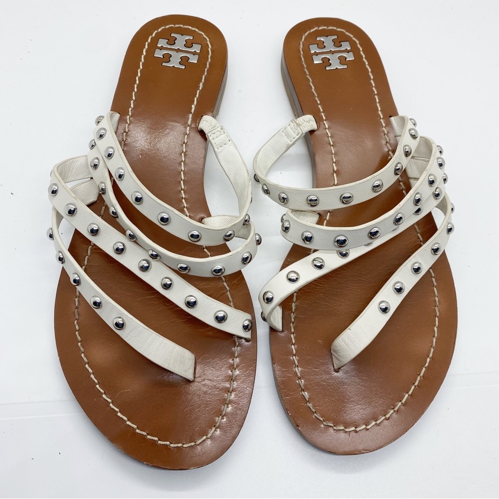 Tory Burch White Studded Multi-Strap Leather Sandals